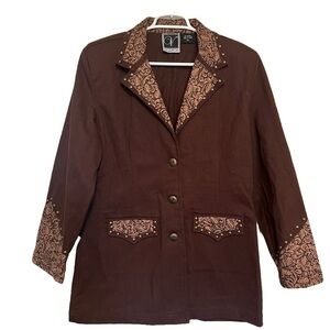 Valencia - Western Brown Denim Blazer - studded collar and cuffs Women’s Size XL